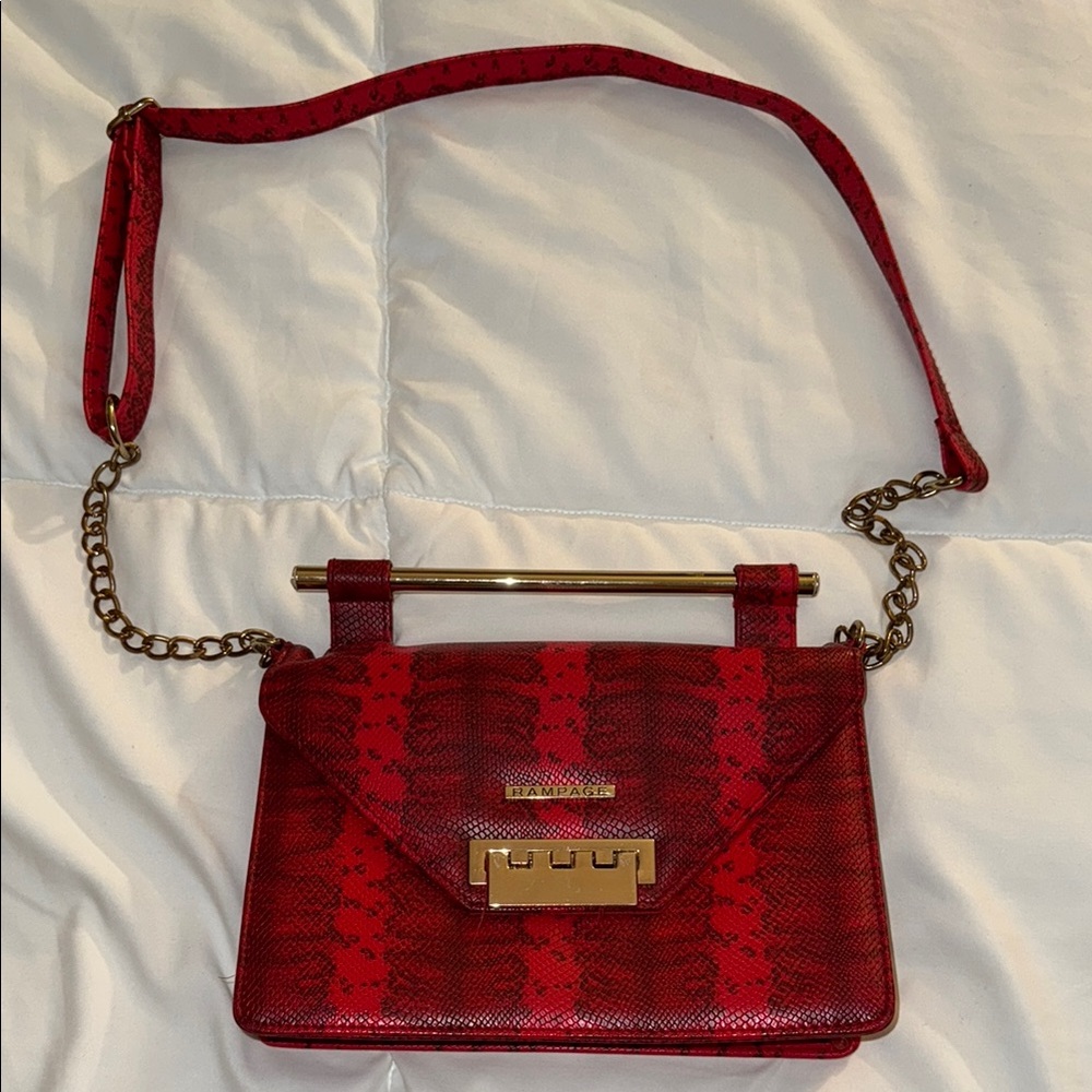 Red Snake Print Handbag with Gold Accents